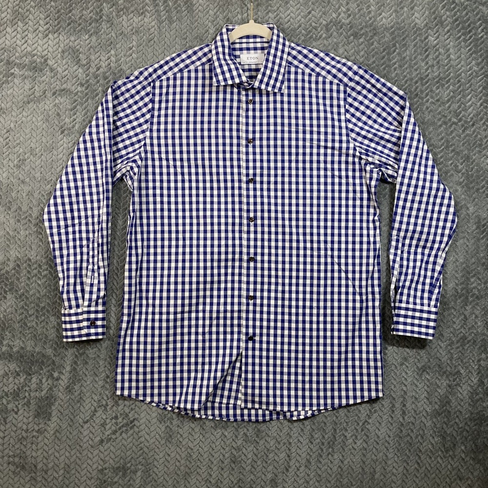 Eton Dress Shirt Mens 44 17.5 Contemporary Blue Check Button-down